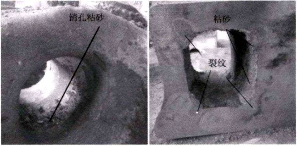 Fig. 12 Hot tear and buming-on defects of trial casting blank