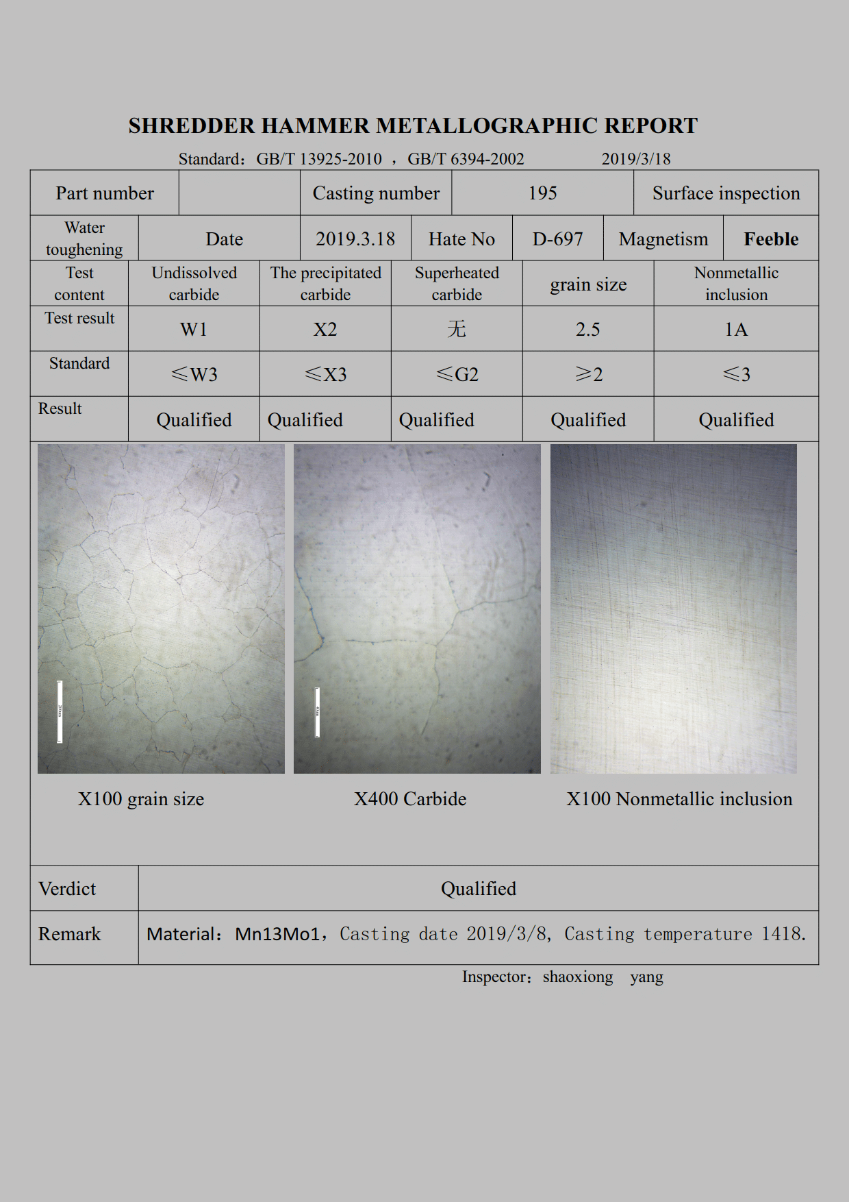 Shredder Hammer Metallographic Report